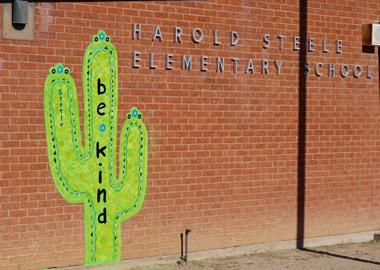 The new saguaro Be Kind mosaic on the side of the Steele Elementary building